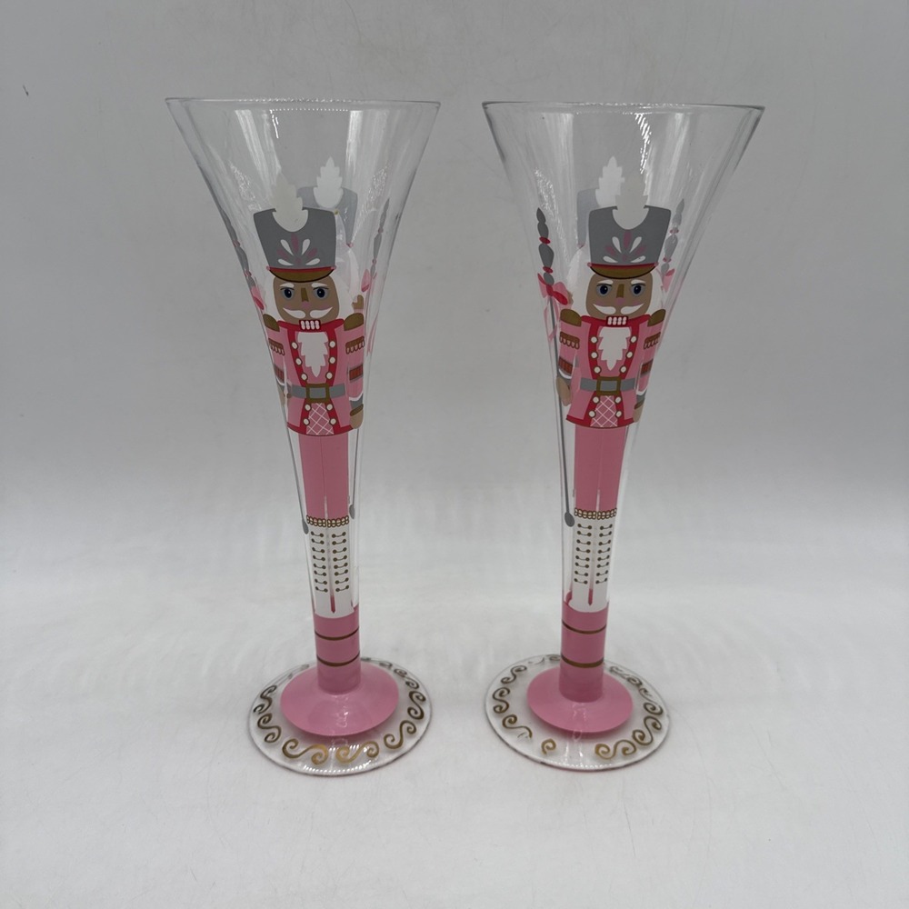 Pink Christmas Nutcracker Champagne Flutes Cocktail Glasses Set of Two (READ)